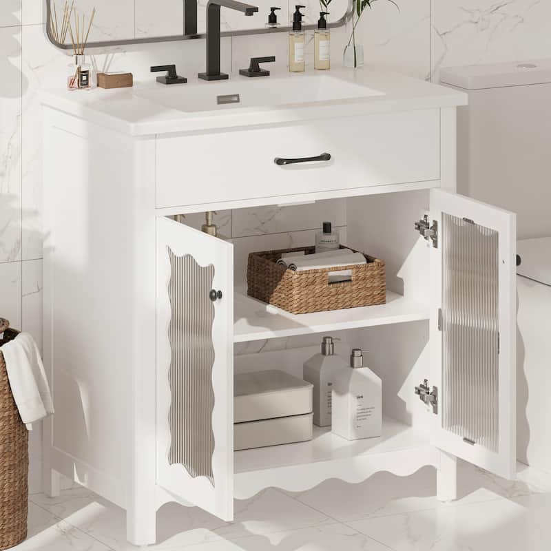 31" Bathroom Vanity with Tempered Glass - Modern Cabinet with Rubber Wood Legs and Soft-Close Doors