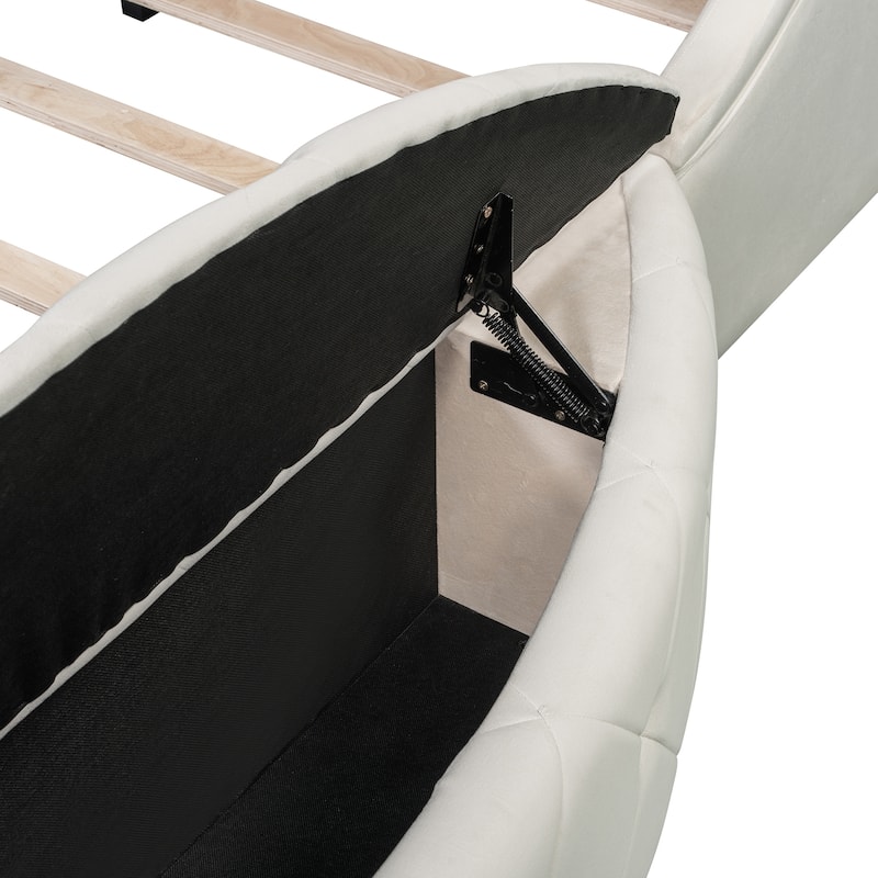 Low Profile Bed Queen Size Velvet Upholstered Platform Bed with Wingback Headboard, Big Drawer and 2 Semicircle Side Stools