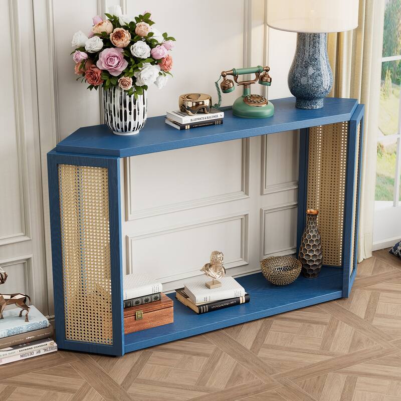 Arrow-Shaped Design Console Table Entryway Table with Open Shelf, Rattan Sofa Table Accent Table for Living Room Hallway