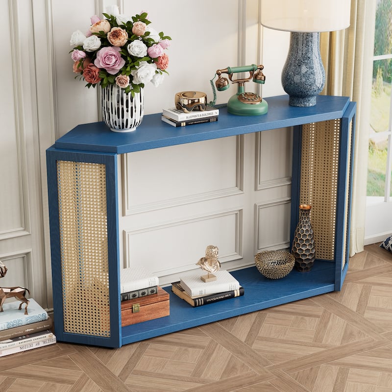 Narrow Console Table with Hexagon Top Design and Rattan Accent, 53.54" Solid Wood Entryway Sofa Table with Open Bottom Shelf