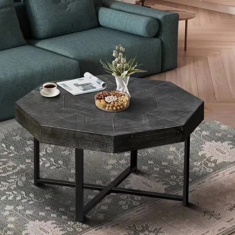 30" Octagonal Wood Coffee Table with Cross Metal Base, Farmhouse Vintage Style - Antique Black