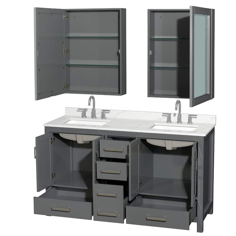Sheffield 60-inch Double Vanity, 3 Hole Quartz Top, Med Cabinets
