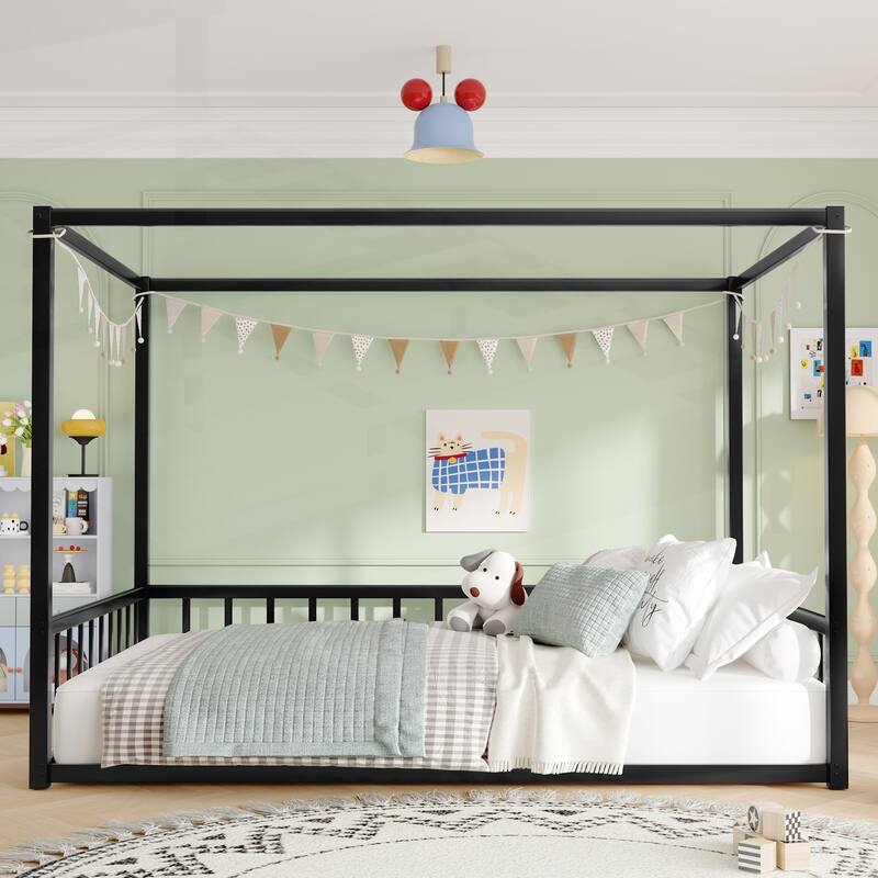 Modern Iron Double-Size Floor Bed with Multi-Functional Guardrails and Stable Structure - Full