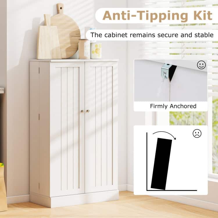White MDF Pantry Cabinet with Adjustable Shelves 5 Tier Storage and 2 Door Design - 23.5” x 12” x 41”