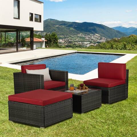 4PCS Wicker Patio Conversation Set Cushions Sectional Sofa Sets, Red