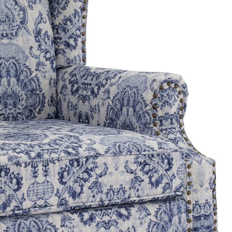 Traditional Floral Patterned Wingback Armchair with Nailhead Trim