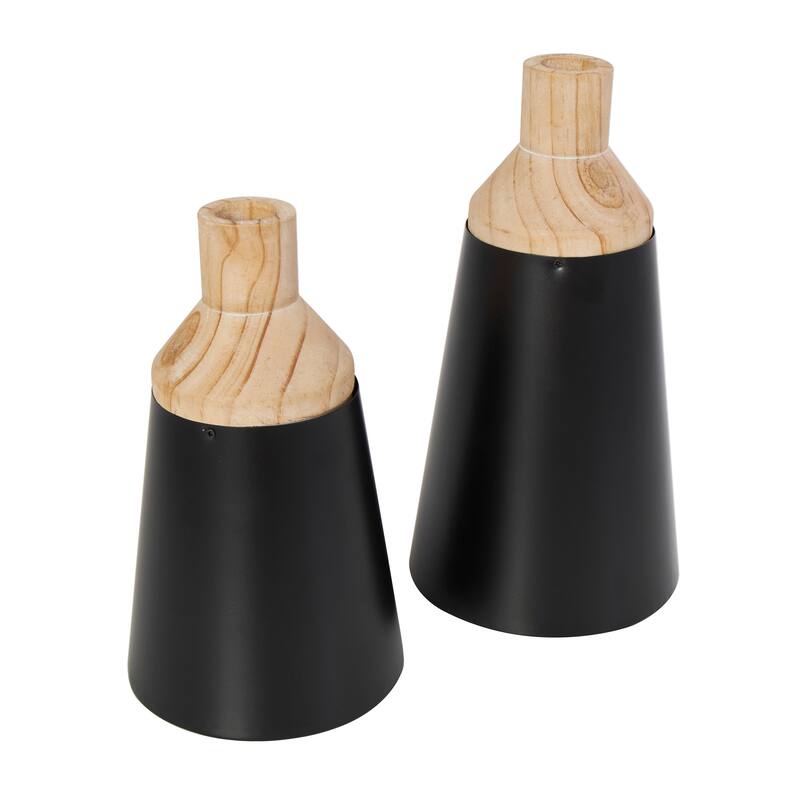 Black Wood Triangular Colorblock Decorative Vase with Light Brown Wood Tops (Set of 2)