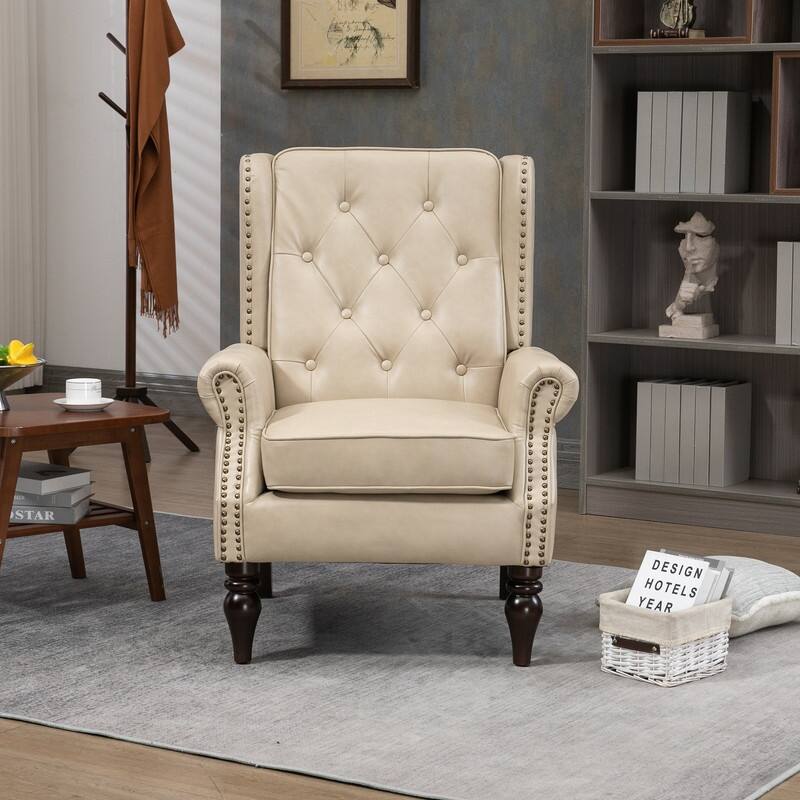 Modern Wood Frame Accent Armchair - Supportive PU Leather Lounge Chair for Living Room & Bedroom