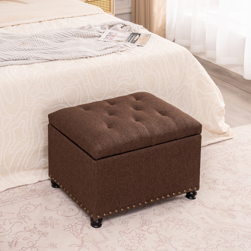Adeco Norsup Grey Blended Linen Storage Ottoman Footstool