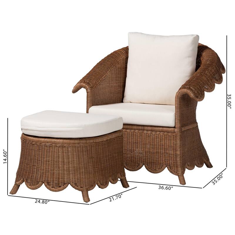 Detta Natural Rattan Armchair and Ottoman Set - 2-Piece Handwoven Wicker Lounge Seating with Scalloped Skirt Base and Arms