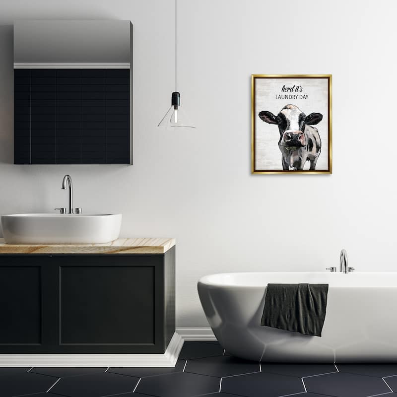 Stupell Herd It's Laundry Day Cow Framed Floater Canvas Wall Art Design By Lettered and Lined