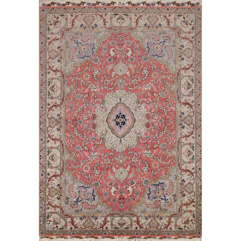Handmade Pink Wool & Silk Tabriz Persian Area Rug Traditional Carpet - 5'0"x 7'6"