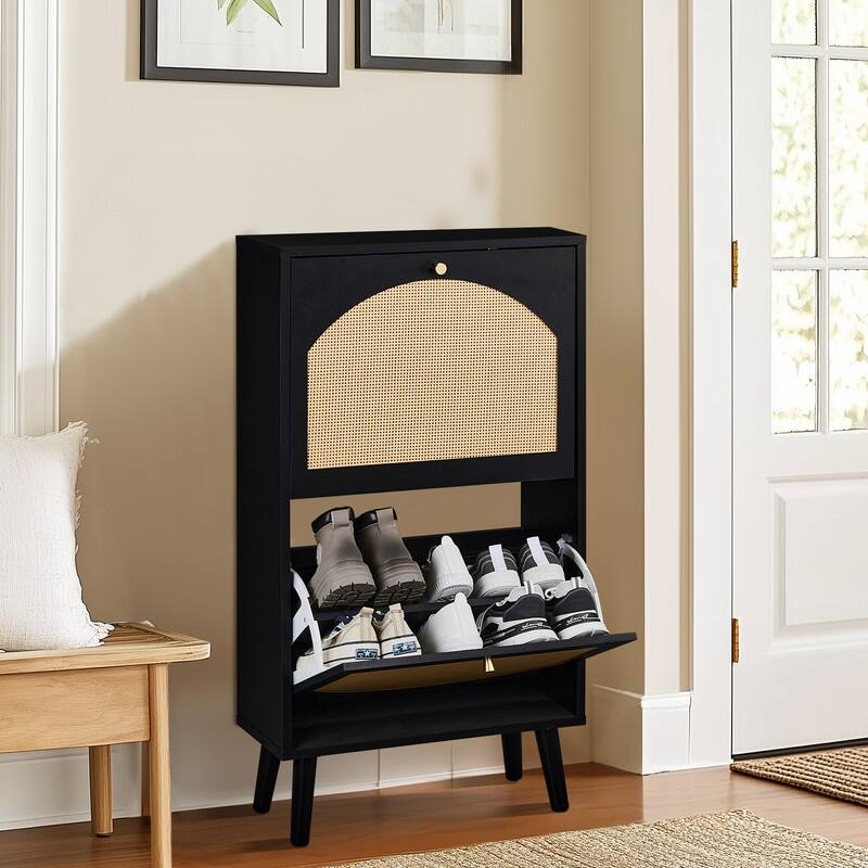 Rattan Shoe Cabinet with 2 / 4 Flip Drawers, Narrow Shoe Storage Cabinet,Organizer for Entryway, Bedroom, Living Room - Black - 2-drawer