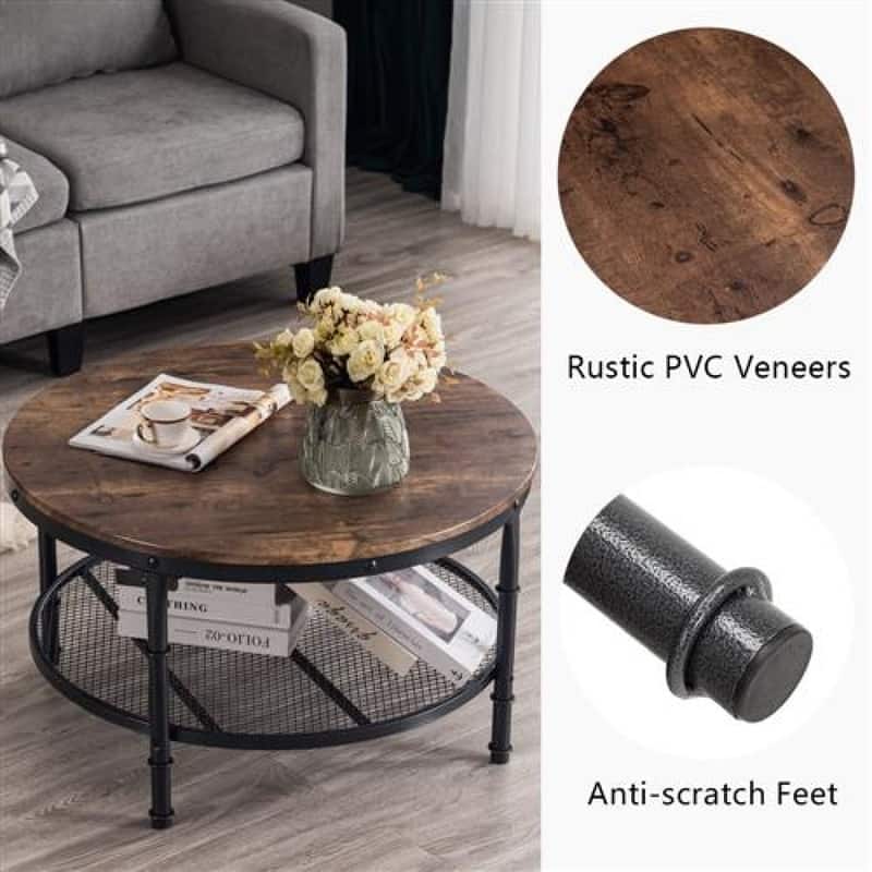 31.89in Double-layer Round Brown PVC Density Board Panel Black Base with Silver Pattern Powder-coated Iron Frame Coffee Table