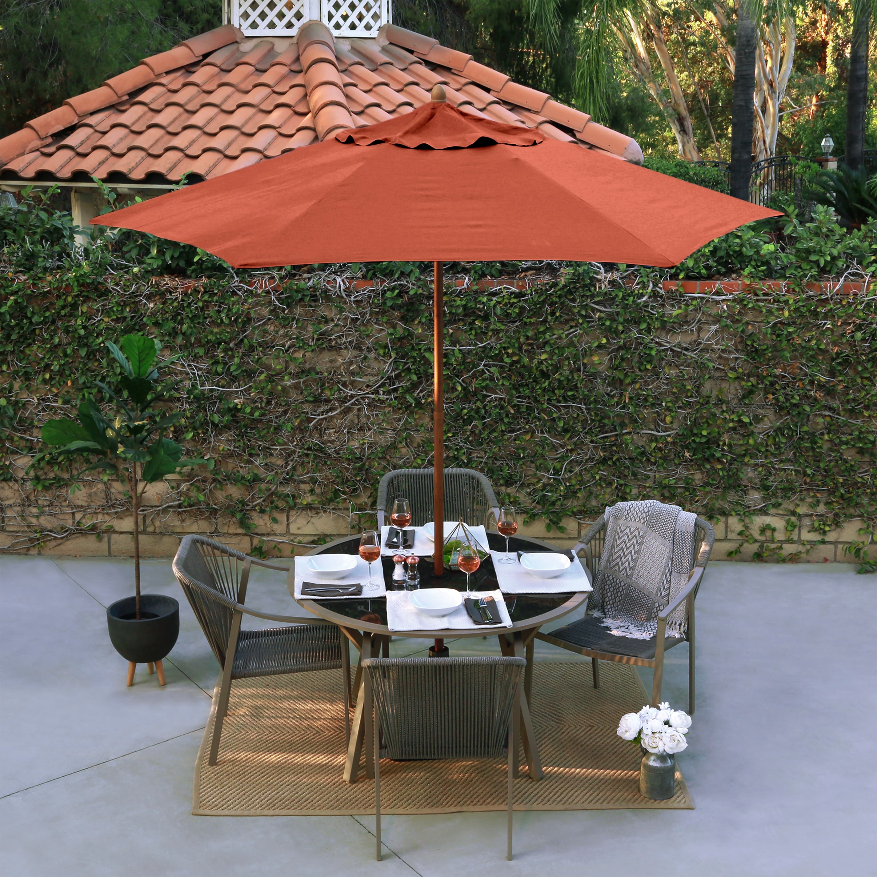 North Bend 9' Rd Faux Wood Steel Patio Umbrella, Push Open Pin Stop by Havenside Home