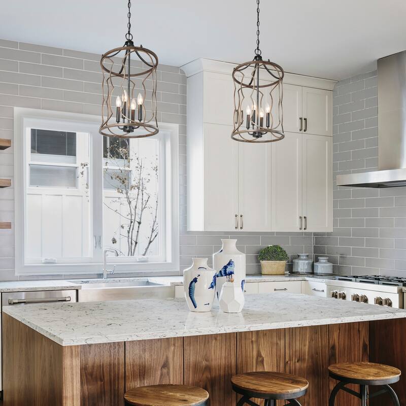 Modern Farmhouse 4-Light Cylinder Wood Grain Chandelier - Taupe