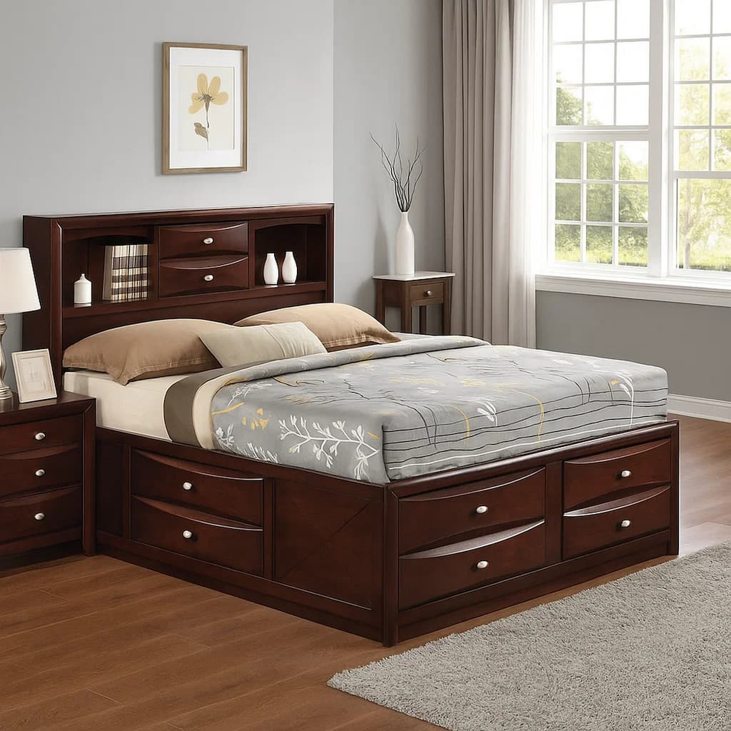 Panel Design Queen Size Bed with Bookcase and Drawers, Brown