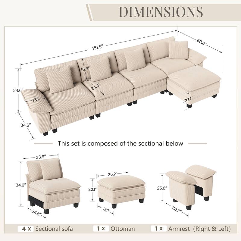 MAISON ARTS Modular Cloud Sectional Sofa, Comfy L- or U-Shaped Couch with Ottomans & Pillows, 4–6 Seat Living Room Sofa