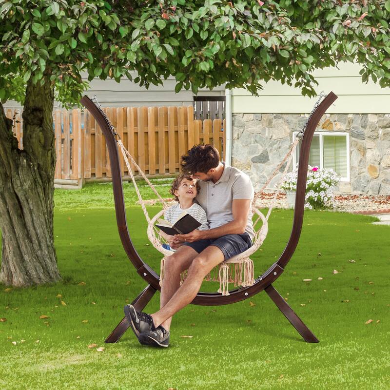 Carbonized Brown Wooden Hammock Chair Stand Curved Russian Larch Frame for Indoor and Outdoor Use Weather Resistant