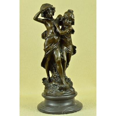 Signed Original Boy And Girl Walking Outdoor Bronze Sculpture Marble Base Statue