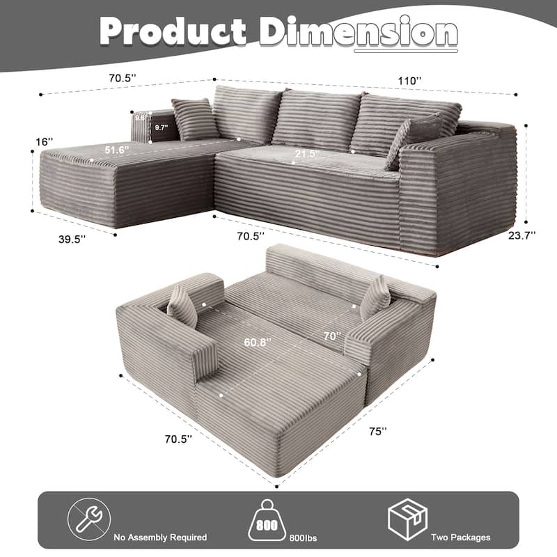Modular L Shaped Sectional Sofa with Chaise Lounge, Corduroy Upholstered Boneless Sleeper Sofa, Compression Sofa with Deep Seat