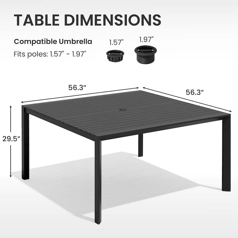 Outdoor All-Weather Aluminum Patio Square Dining Table with Umbrella Hole