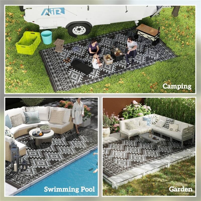 Reversible Outdoor Rug Rhombus Border UV Protected Foldable Camping RV Patio Picnic Mat