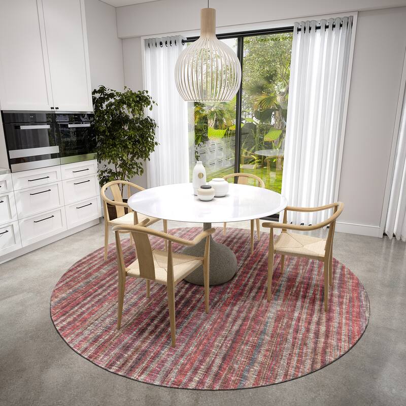 Indoor/Outdoor Waverly Modern Stripes Washable Rug - 8' x 8' Round - Burgundy