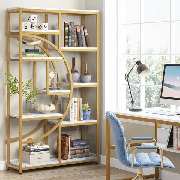 Bookshelf 5 Shelf Bookcase, Industrial Etagere Bookcase with 8-Open Storage Shelf - 1 pc - Gold