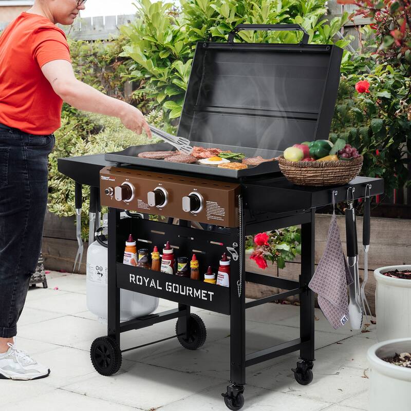 Royal Gourmet 3-Burner Gas Griddle with Hood and Side Shelves