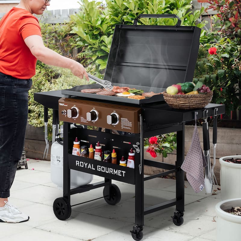 Royal Gourmet GB3000PY 3-Burner Gas Griddle with Hood & Collapsible Side Shelves, 39,000 BTU, 492 Sq. In. Cooking Area