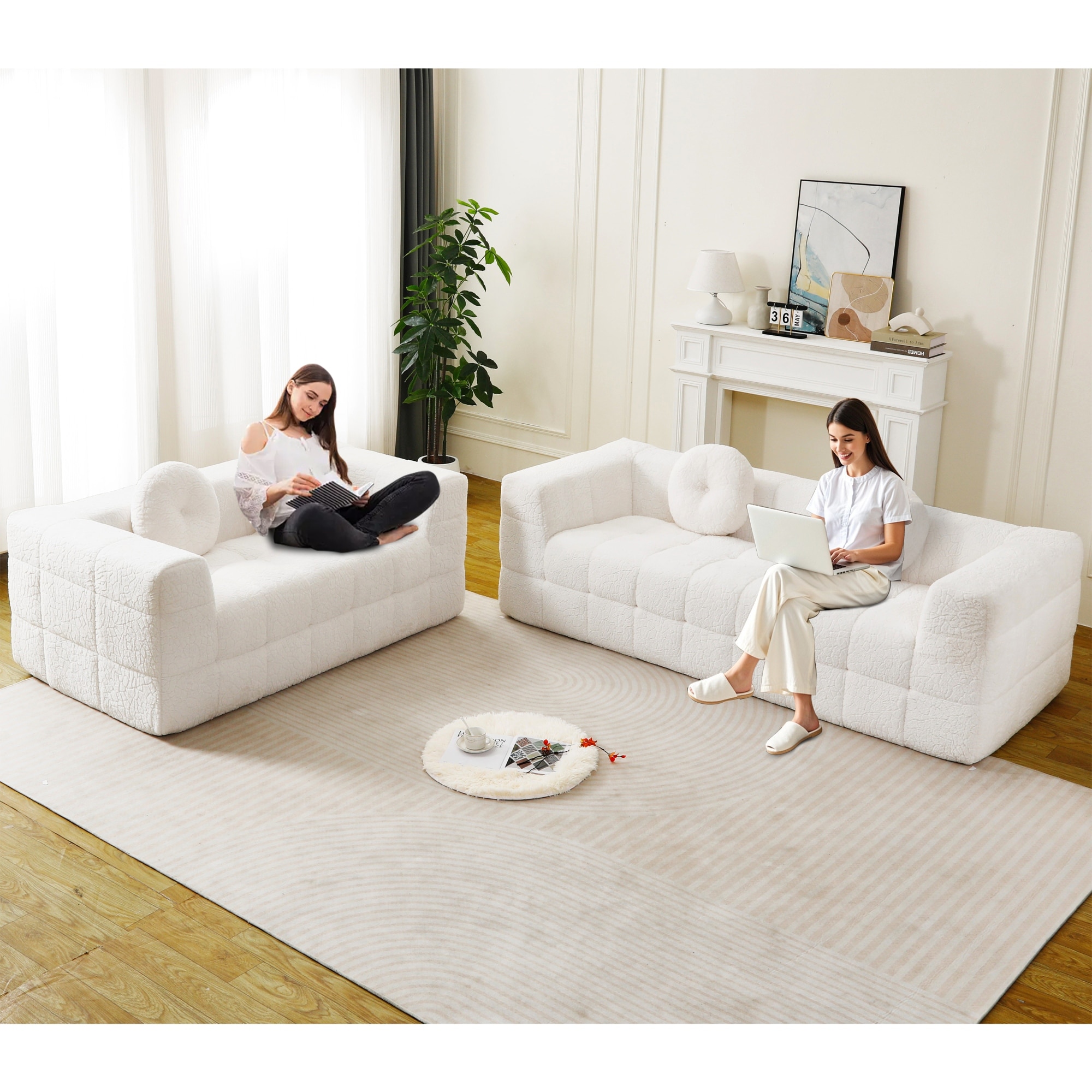 Roomfitters 2-Piece Beige Boneless Couch Set, All-Foam Upholstered 84.6" Sofa and 66.5" Loveseat for Modern Living Room