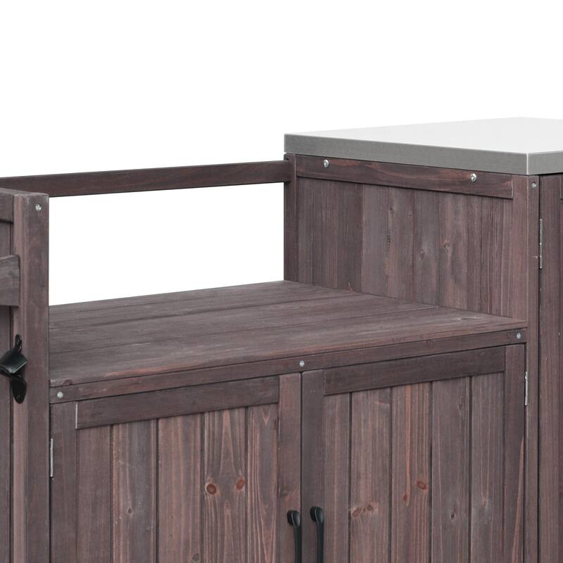 80.5" Solid Wood Outdoor Kitchen Island with Stainless Steel Top, Grill Cart Compatible with Big Green Egg & Blackstone