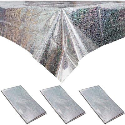 Plastic Table Covers, Silver Holographic Foil (54 x 108 In, 3 Pack)