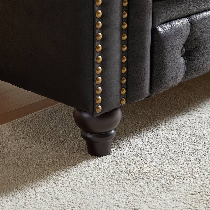 Button-Tufted Chesterfield 63.5" Sofa - Tech Fabric, Wooden Legs, Pillows