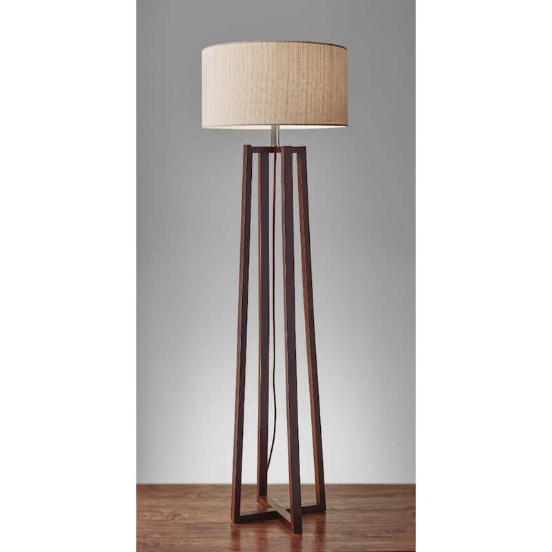 Brown Solid Wood Floor Lamp with Beige Drum Shade and Rotary Switch - 19” x 19” x 60” (D x W x H)