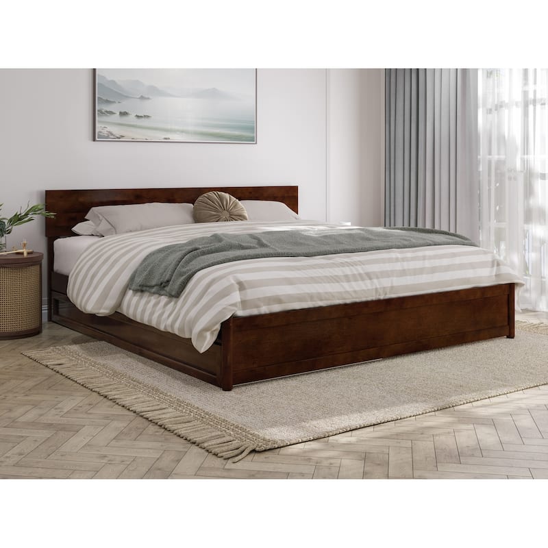 Wesley Platform Bed with Panel Footboard and Twin XL Trundle - Walnut - King