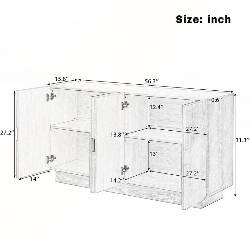 4-Door Large Storage Sideboard with Semi-Circular Handles and Adjustable Shelves for Dining Room and Living Room