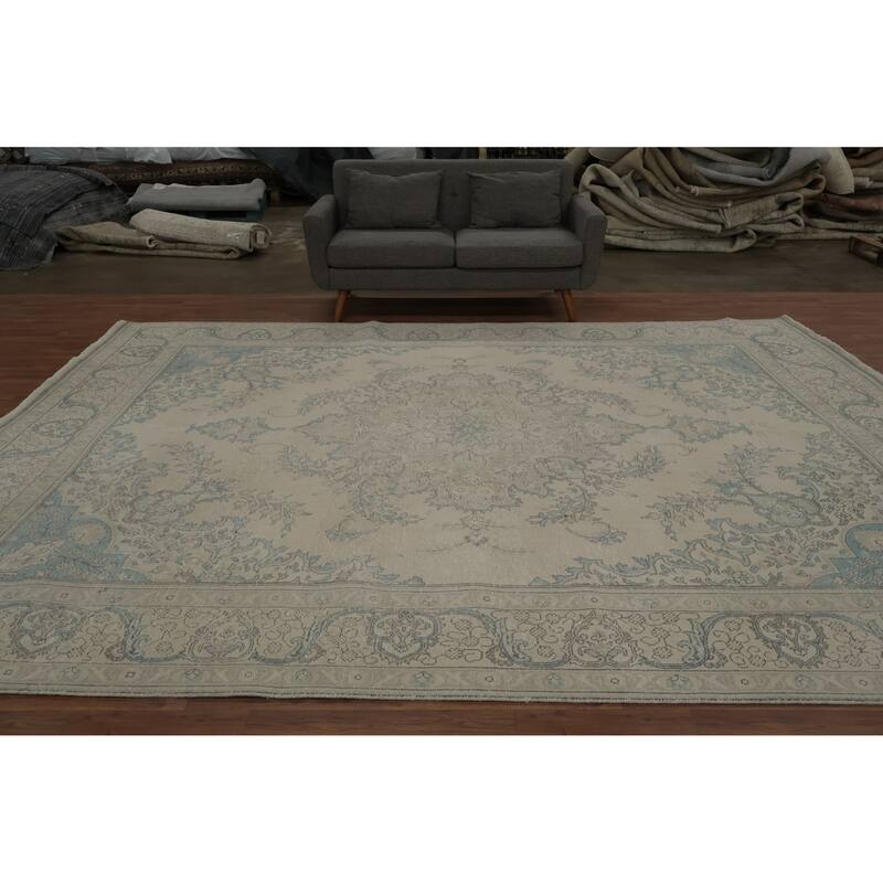 Hand Knotted Oriental 100% Wool Carpet Traditional Medallion Beige & Ivories Tabriz Area Rug - 12' 8'' X 9' 11''