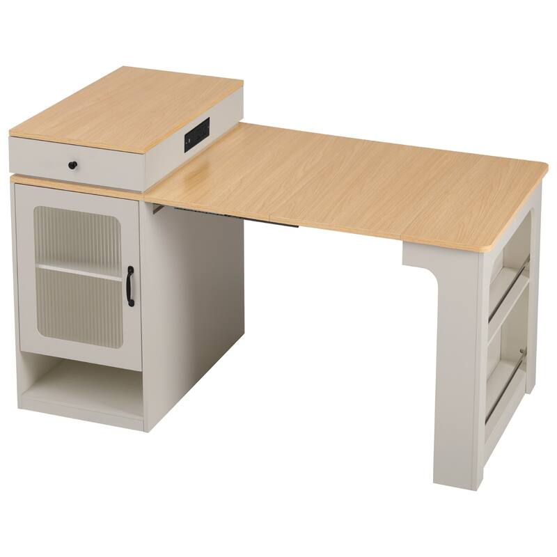Kitchen Island with Extendable Dining Table, Kitchen Storage Table with 2 Drawers, Power Outlet, Open Shelves, for Diningroom