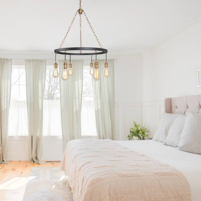Modern Farmhouse 6-Light Black Gold Wagon Wheel Chandelier for Dining Room - W24.8"x H31.5"