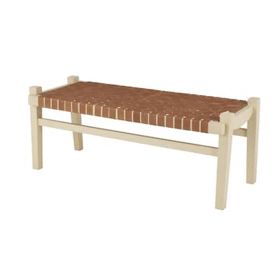 Leather Handmade Woven Seat Home Bench with Beige Wood Base - Brown or Dark Brown - Roche River Decor