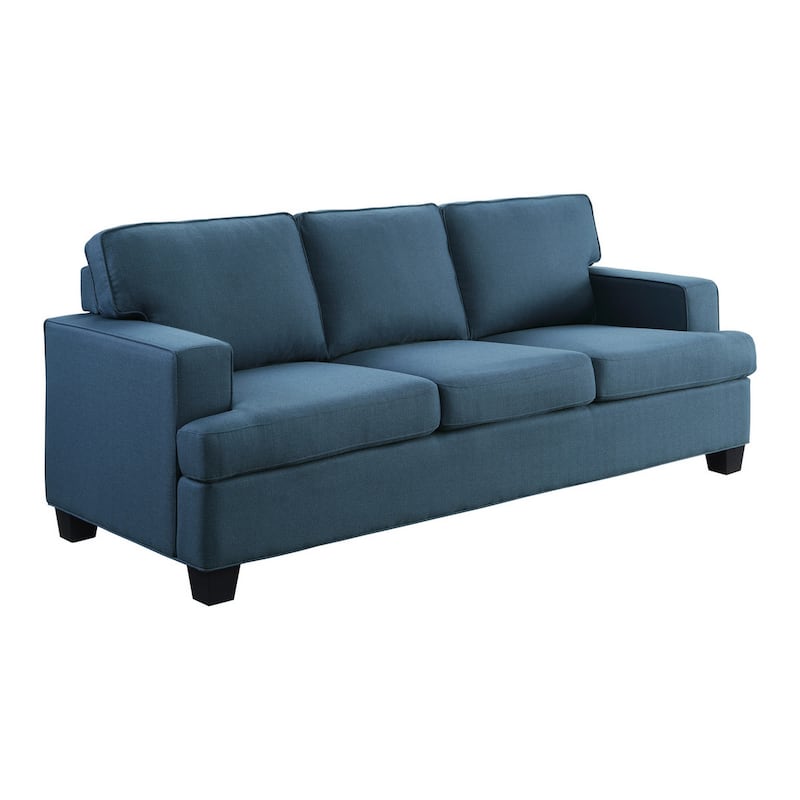 Eoin 84 Inch Sofa, Blue Polyester, Soft Foam Cushioning, Solid Wood Frame