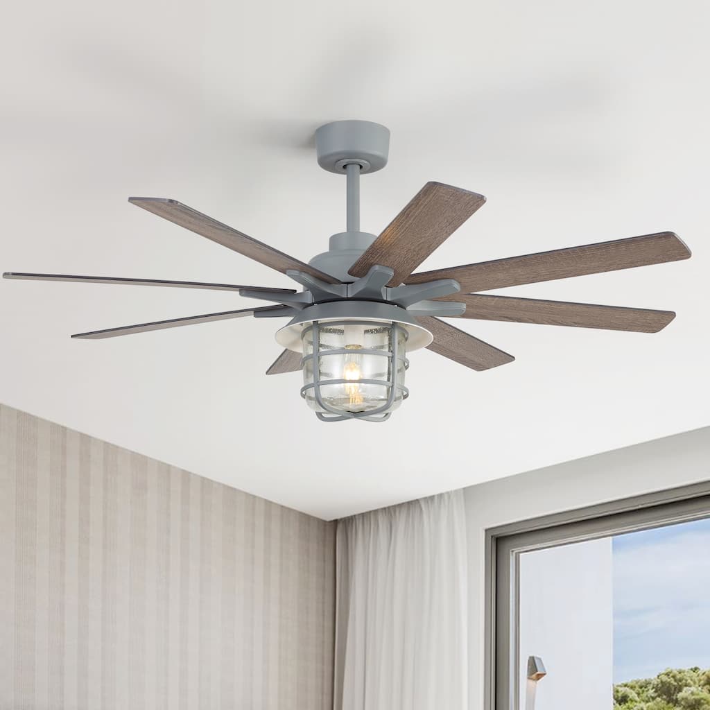 52-Inch Large Ceiling Fan With 8 Plywood Walnut Colored Blades,Quiet DC Motor,Glass Lampshade,3 Color Temperature - Cement Grey