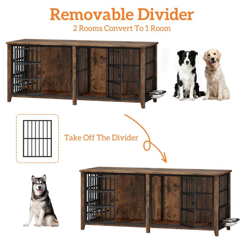 Large Dog Crate Furniture, 78"L Wooden Dog Crate Kennel with Removable Divider