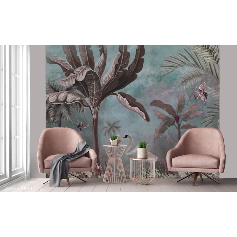 Swan and Palm Scenic Wallpaper Mural - Green - W:131" x H:118"