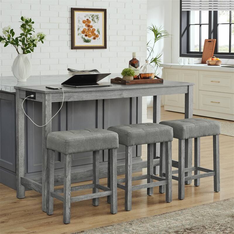 59 Inch 4 Piece Bar Table and Chair Set with Power Outlet and 3 Upholstered Stools