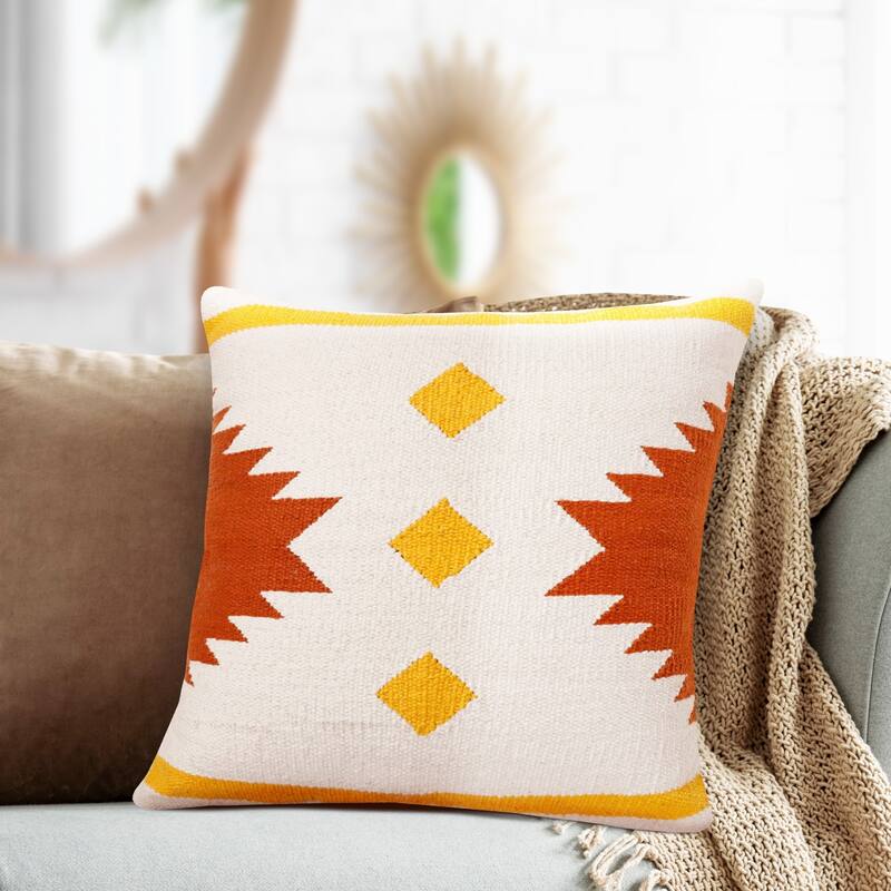 Handwoven Geometric Cotton Throw Pillow Cover - 20" - White and Yellow