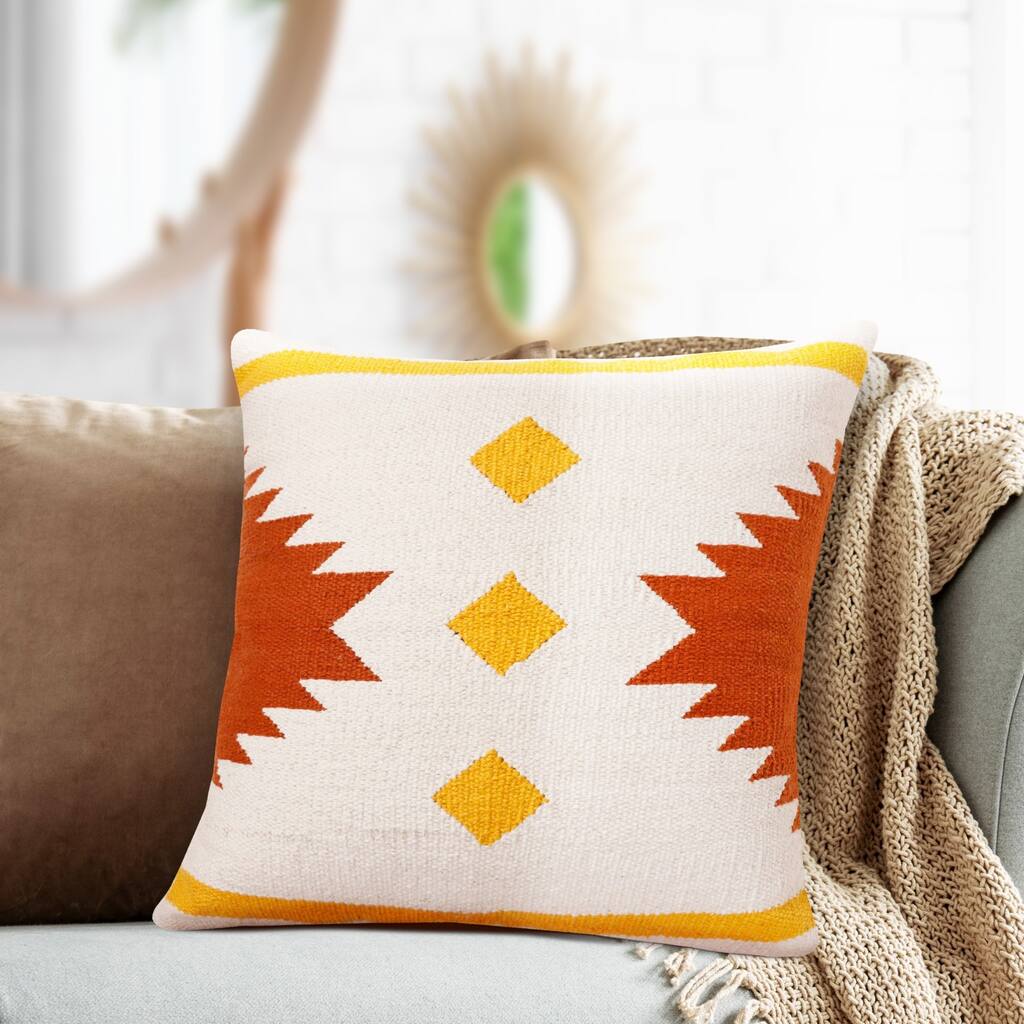 Handwoven Geometric Cotton Throw Pillow Cover - 20" - White and Yellow