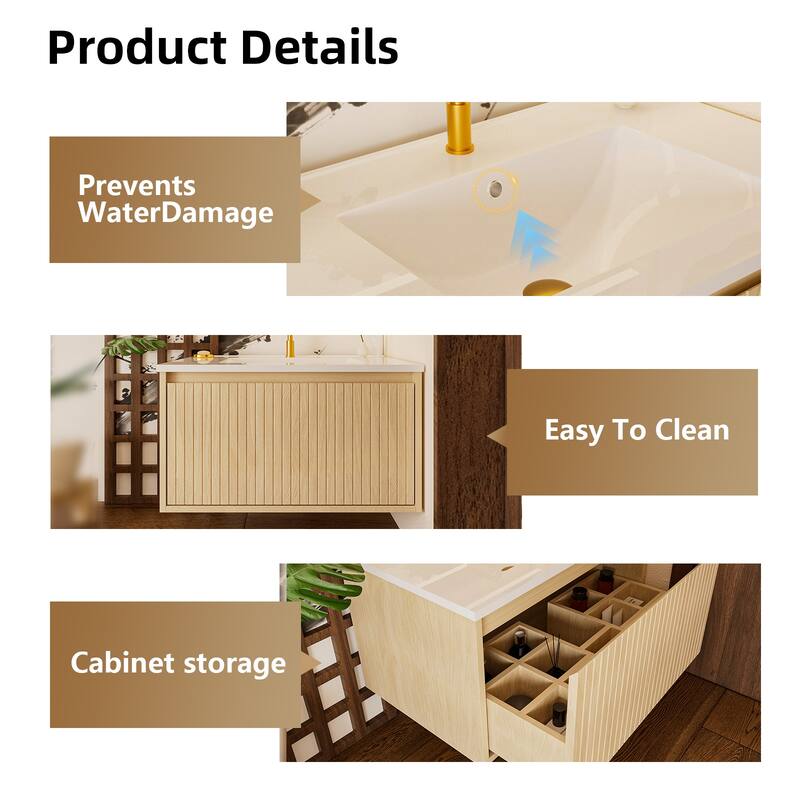 30 Inch Wall Mounted Bathroom Vanity with Ceramic Sink, Floating Cabinet with Drawers, Modern Fluted Design